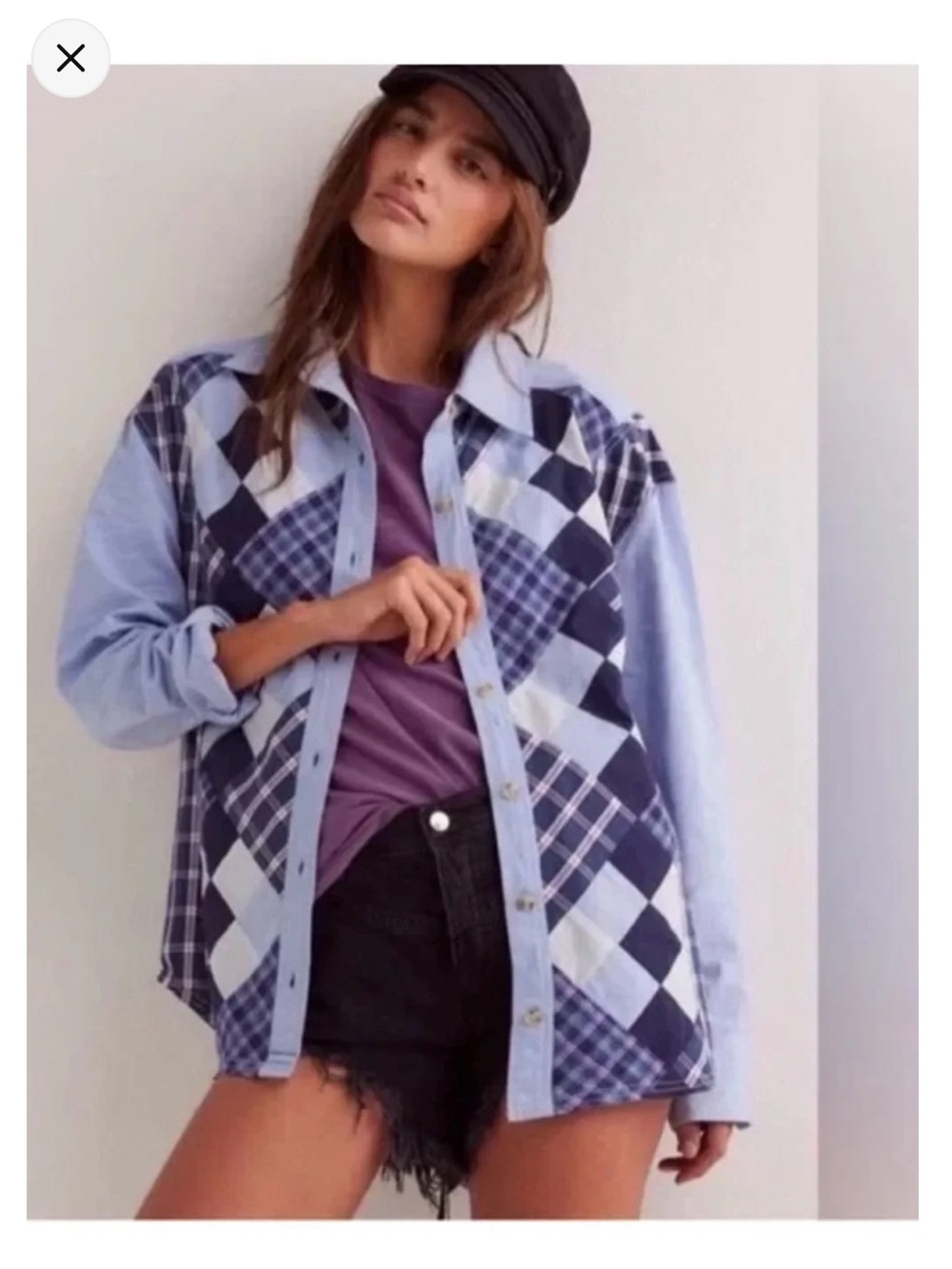 Free People Patchwork Plaid Button-Down Shirt Jacket in Light Blue and Purple